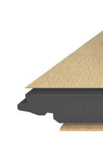 Querschnitt eines Laminatbodens mit Holzoptik, gezeigt in Detailansicht.