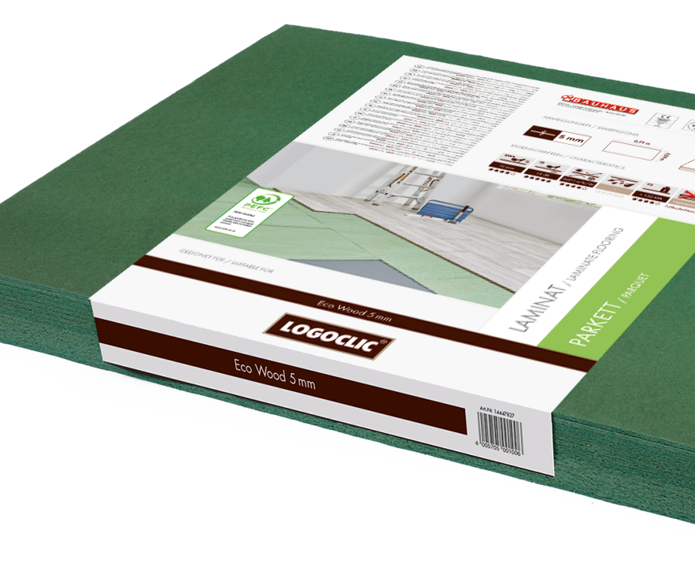 Dämmung Eco Wood ist ein Naturprodukt aus Holzfasern für Wärmedämmung von LOGOCLIC<sup>®</sup> für Laminatböden mit Trittschallminderung und Wärmedämmung, geeignet für Laminatböden