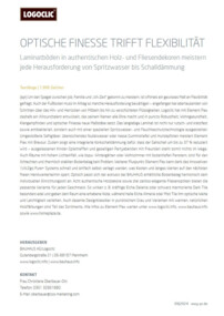LOGOCLIC<sup>®</sup>-Infoblatt über flexible Laminatböden mit optischer Finesse und Schallschutz, ideal für herausfordernde Wohnräume. Kontaktinformationen enthalten.