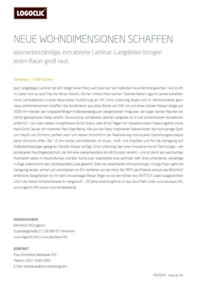 Text über wasserbeständige, extrabreite Laminat-Langdielen von LOGOCLIC<sup>®</sup>, die neue Wohnräume schaffen. Enthält Informationen zu Design und Installation.