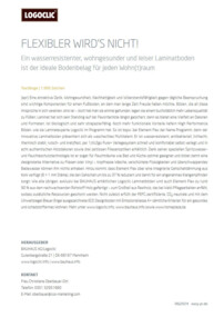 Eine Seite mit Informationen über wasserresistente, wohngesunde und leise Laminatböden von LOGOCLIC<sup>®</sup>, inklusive Kontaktdetails.