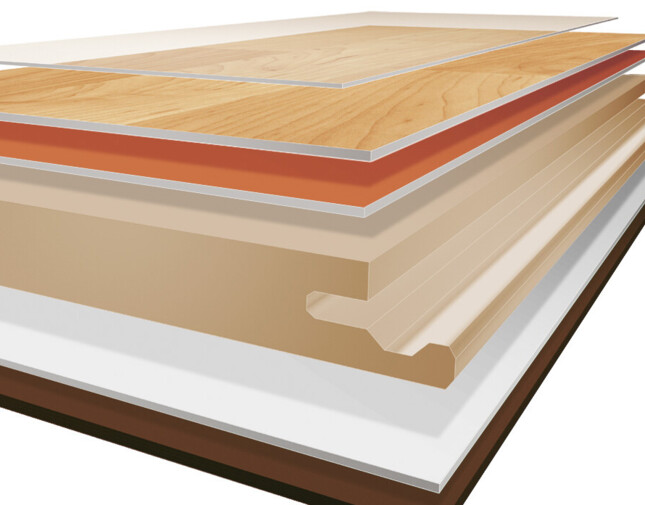 Illustration of laminate flooring layers, numbered from top to bottom, showing construction details and material composition.