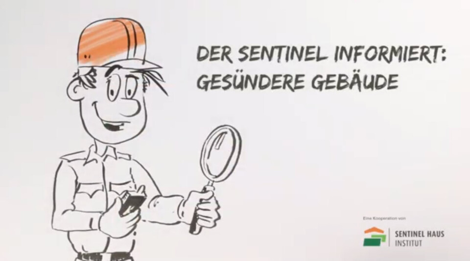 Comic-Zeichnung eines Mannes mit Lupe und Handy, daneben Text "Der Sentinel informiert: Gesündere Gebäude", Sentinel Haus Institut Logo.