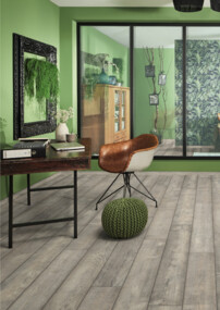 Modernes Wohnzimmer mit grünem Dekor, großen Fenstern und hellem Laminatboden. Pflanzen und stilvolle Möbel ergänzen das Ambiente.
