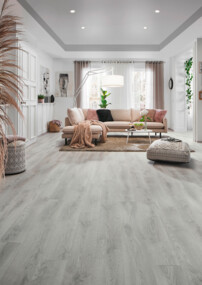 Wohnzimmer mit hellem Laminatboden, gemütlichem Sofa und stilvoller Dekoration.