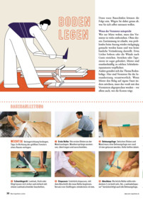 Illustration und Fotos zeigen Schritt-für-Schritt-Anleitung zur Verlegung von Laminatboden, inklusive Werkzeuge und Techniken für Heimwerker.
