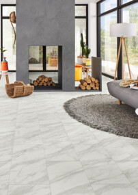 Offener Wohnbereich mit modernem Design, grauem Kamin und hellem Laminatboden.