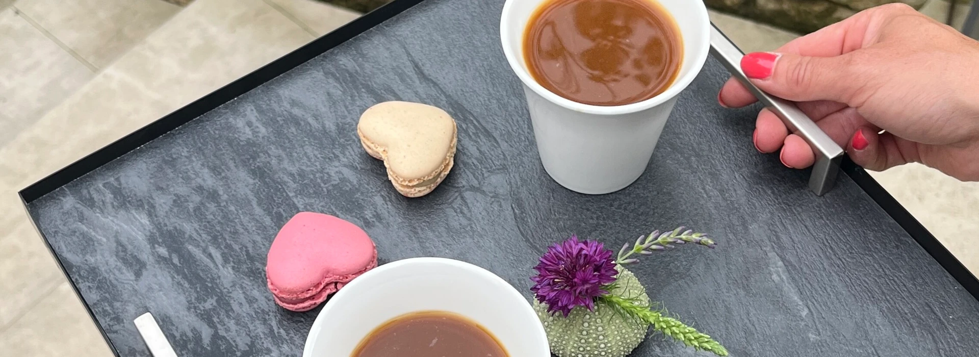 Eine Person trägt ein Tablett mit zwei Tassen Kaffee und Macarons im Freien, umgeben von grünen Pflanzen.