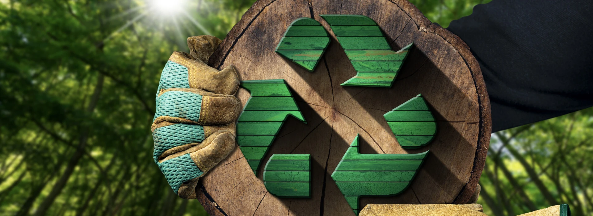 Hände mit Handschuhen hält ein Holzstück mit einem grünen Recycling-Symbol vor einem Waldhintergrund.