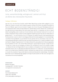 Flyer für LOGOCLIC<sup>®</sup> Laminatböden mit Text über Eigenschaften und Vorteile wie Wasserbeständigkeit und Rutschfestigkeit. Kontaktdaten unten.