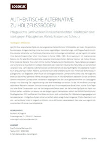 Text über pflegeleichte Laminatdielen von LOGOCLIC<sup>®</sup>, die echten Holzböden ähnlich sehen und widerstandsfähig gegen Flüssigkeiten, Abrieb, Kratzer und Schmutz sind.