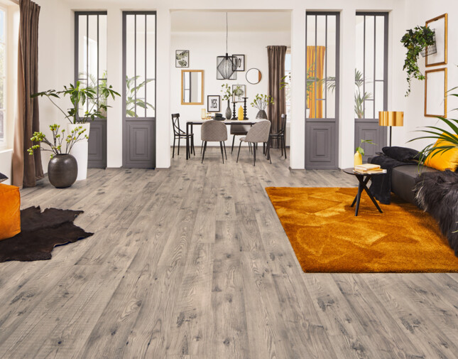 Spacious living room with grey laminate flooring, orange accents, and plants, leading to a dining area with a stylish table and chairs.