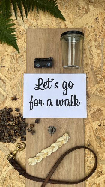Hundespaziergang Zubehör mit Leckerli, Leine und Beutelrolle auf Laminatboden, daneben ein Schild mit "Let's go for a walk".