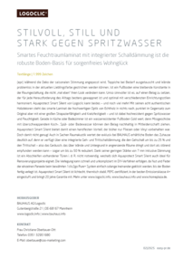 LOGOCLIC<sup>®</sup> Infoblatt über stilvolles, wasserfestes Laminat mit Schallschutz, ideal für Wohnräume. Enthält Kontaktinformationen und Vorteile des Produkts.