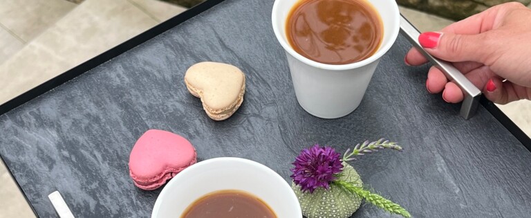 Eine Person trägt ein Tablett mit zwei Tassen Kaffee und Macarons im Freien, umgeben von grünen Pflanzen.