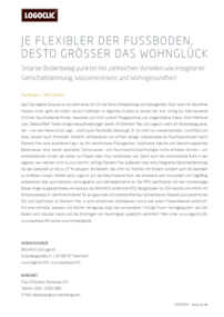LOGOCLIC<sup>®</sup>-Infoblatt über flexiblen Bodenbelag mit Vorteilen wie Schallschutz, Wasserresistenz und Wohngesundheit. Enthält Kontaktinformationen.