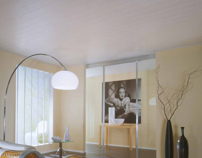 Stylish room with sleek laminate flooring, a woven chaise longue, and decorative vases, illuminated by a large arc lamp.