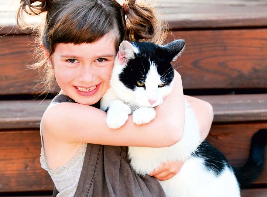 Ein Mädchen kuschelt mit einer Katze