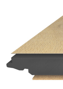 Laminatboden-Panel-Querschnitt mit Holzoptik und stabiler Unterlage.