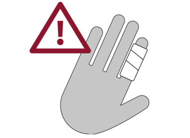 Hand mit verbundenem Finger und Warnsymbol, das auf Verletzungsgefahr hinweist.