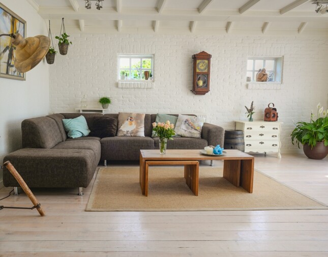 Gemütliches Wohnzimmer mit braunem Sofa, Couchtisch und Pflanzen auf Laminatboden, dekoriert mit Kissen und Wanduhr.