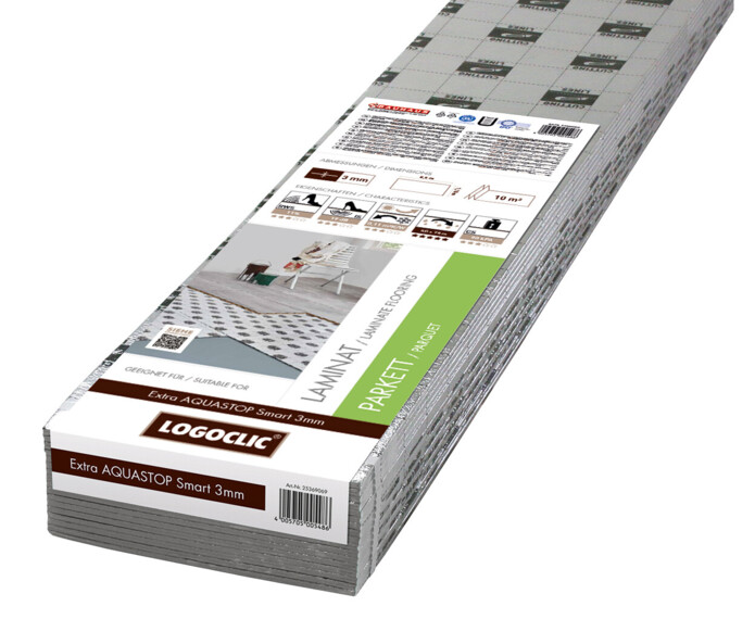 Dämmung Extra Aquastop Smart von LOGOCLIC<sup>®</sup> für Laminatböden mit Trittschallminderung und Wärmedämmung, geeignet für Laminatböden