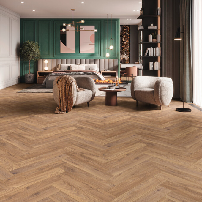 LOGOCLIC<sup>®</sup> Moisture resistant laminate flooring herringbone: Decor K450h Oberon Oak