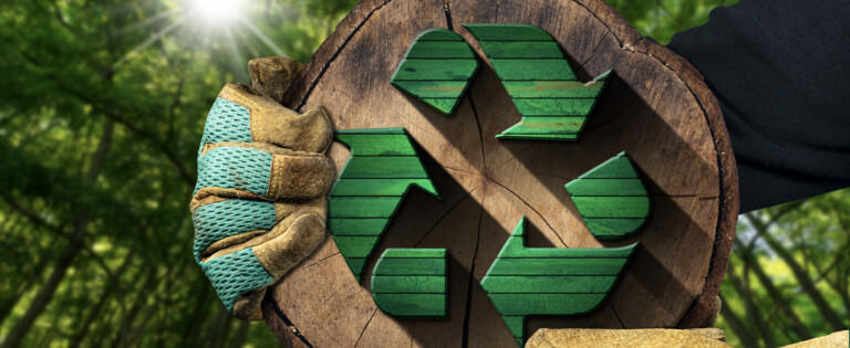 Hände mit Handschuhen hält ein Holzstück mit einem grünen Recycling-Symbol vor einem Waldhintergrund.