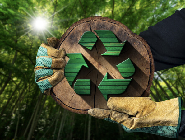 Hände mit Handschuhen hält ein Holzstück mit einem grünen Recycling-Symbol vor einem Waldhintergrund.